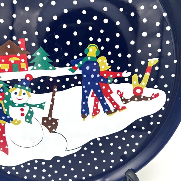 Lillian Vernon Christmas Cake Plate Ice Skaters 1990 Blue Ceramic 11" Japan - Picture 3 of 6